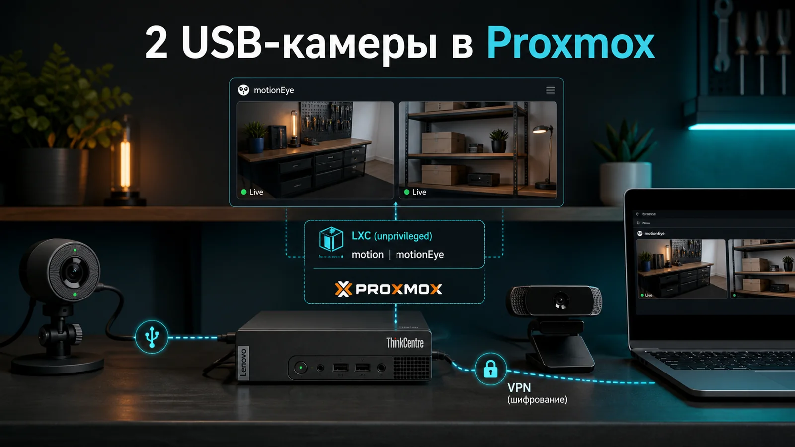 📷 День 48 - Две USB-камеры в Proxmox: отдельный LXC с Motion и motionEye